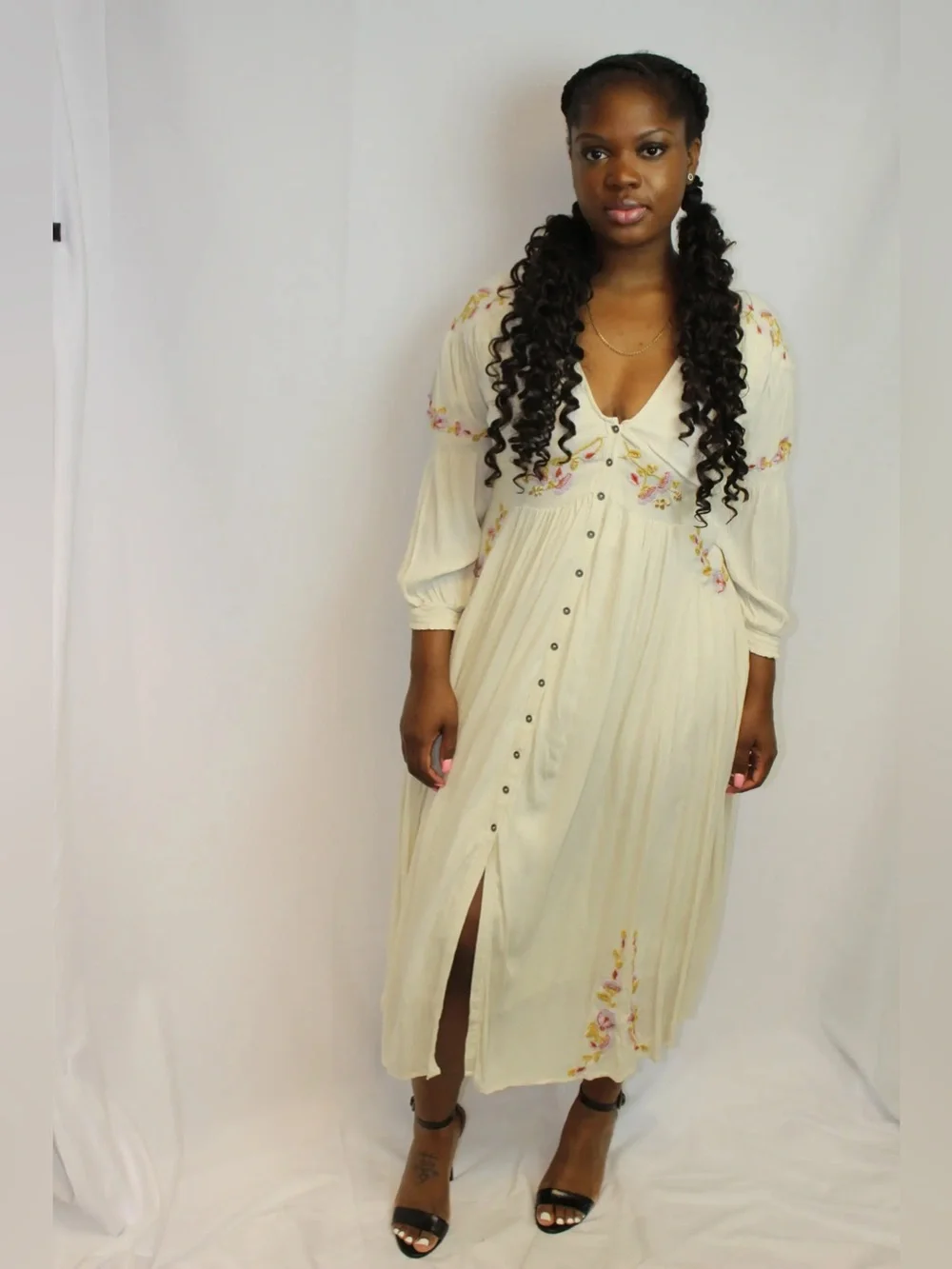 Free People Day Glow Midi Floral Embroidered Cream Dress